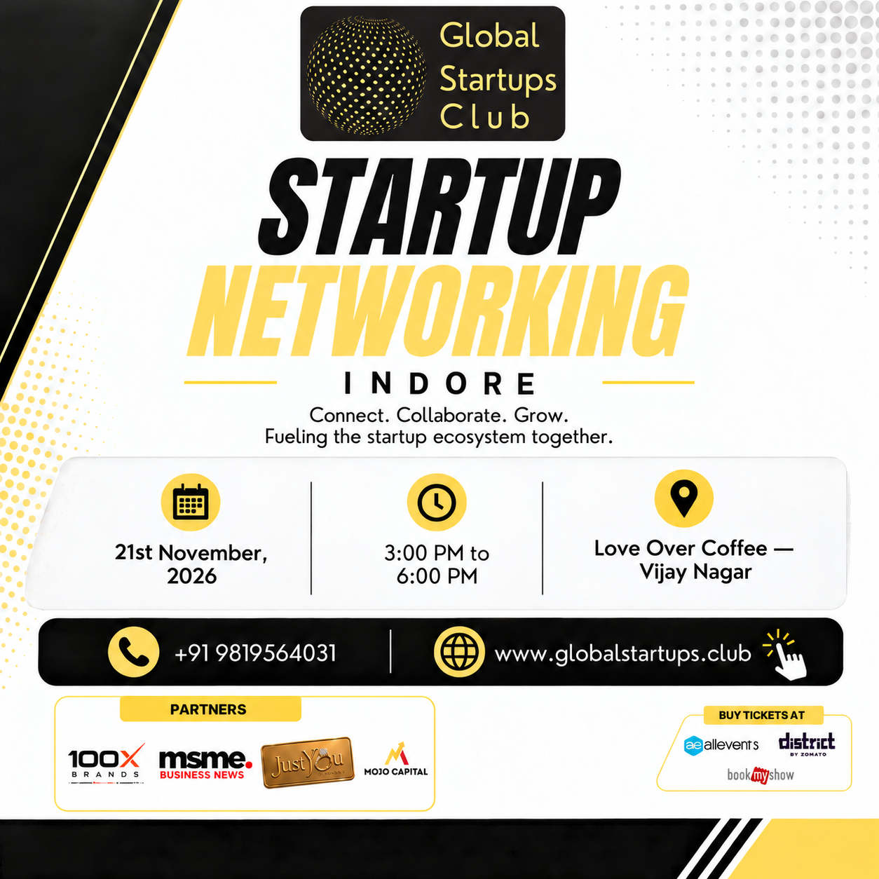Global Startups Club Indore Startup Networking flyer for 21 November 2026, 3:00 PM to 6:00 PM IST, Love Over Coffee — Vijay Nagar